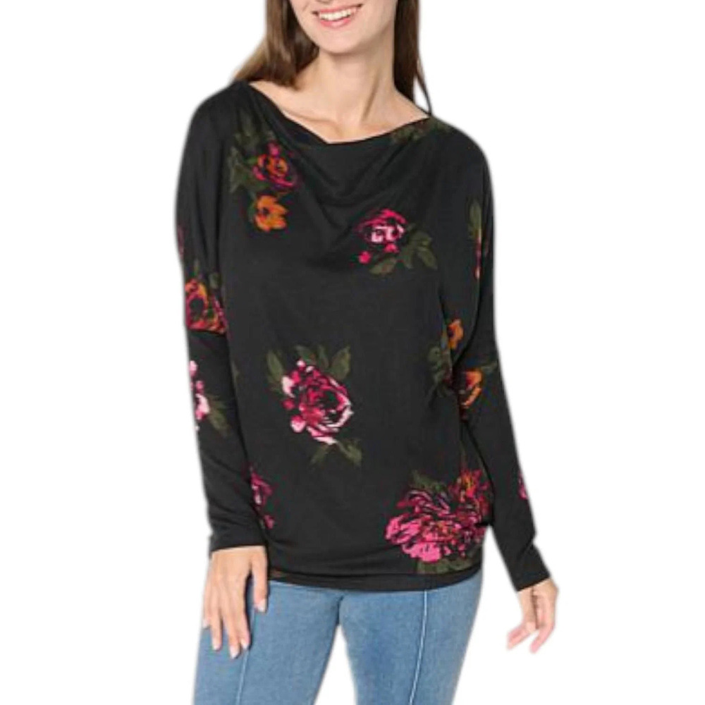 Comfort Code Women's So Soft Sweater Knit Draped Tunic Black Floral - Regular